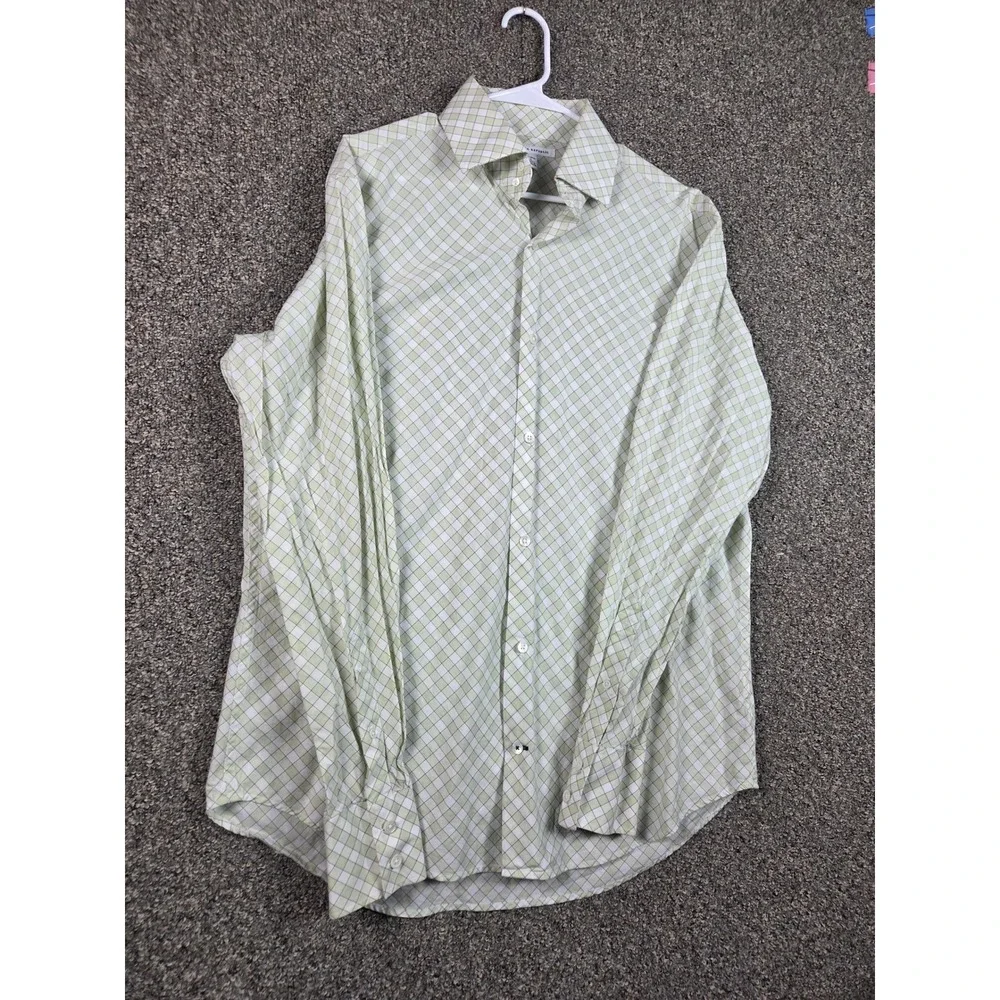 Banana Republic Button Down Mens L Green White Plaid Long Sleeve Dress Shirt